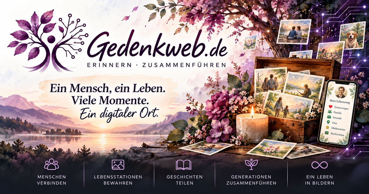 Gedenkweb.de – Erinnern · Zusammenführen. Ein Mensch, ein Leben. Viele Momente. Ein digitaler Ort. Aquarell mit Erinnerungstruhe, Fotos, Kerze und Blüten unter einem Baum.